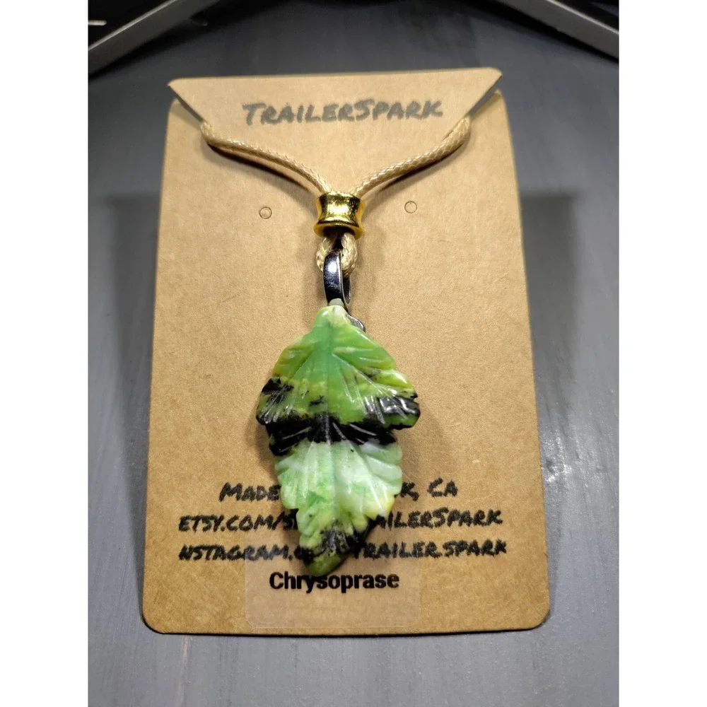 Chrysoprase Carved Leaf Pendant Necklace Waxed Cord 18in Break Away Closure